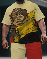 Men's Big & Tall Cartoon Cool Gorillas Smoking Print Splicing Short-Sleeved T-shirt & Short Set